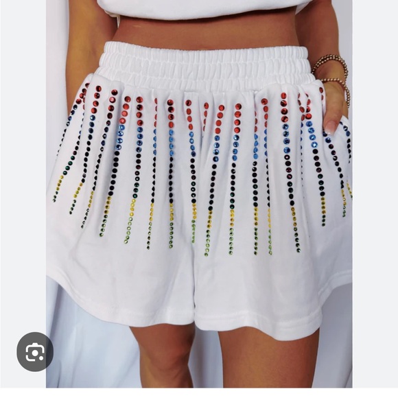 QUEEN OF SPARKLES Pants - QUEEN OF SPARKLES White High-Waist Shorts with Rainbow Rhinestone Fringe